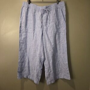Lands' End Women's 100% Linen Cropped Wide Leg Pull On Pants Size XL Blue